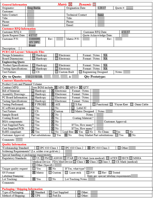 Accurate Quotes electronics contract manufacturer - sample rfq checklist