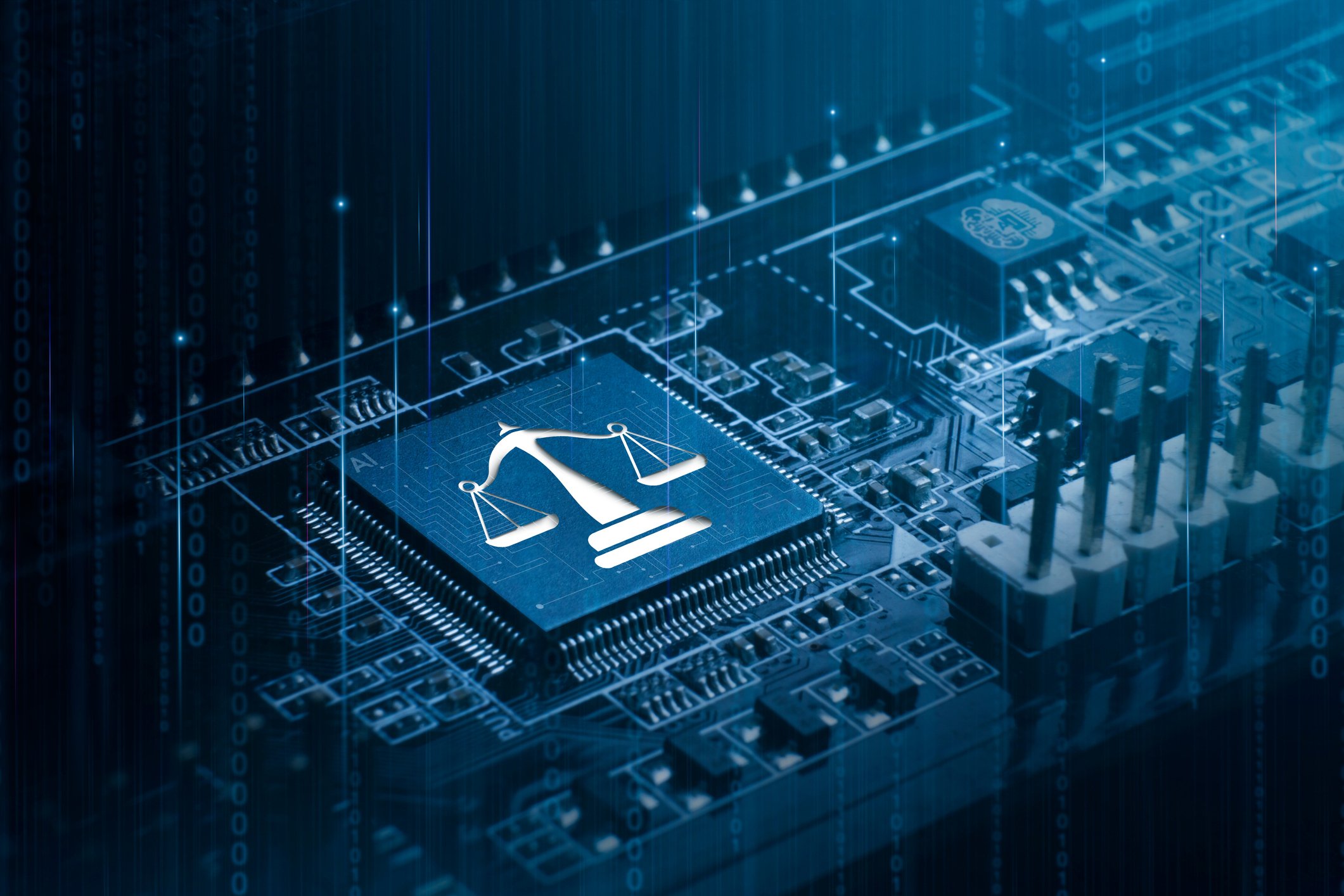 Technology regulation law symbol on blue electric circuit board